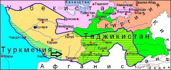 Стрелка указывает на место предполагаемой пещеры.Отмеченая синим область Бухарский Эмират