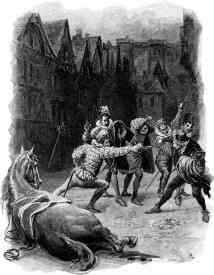 Страницы романа «Графиня де Монсоро». Бюсси – один против пятерых миньонов. (Художник Морис Лелуар, ХIX век)